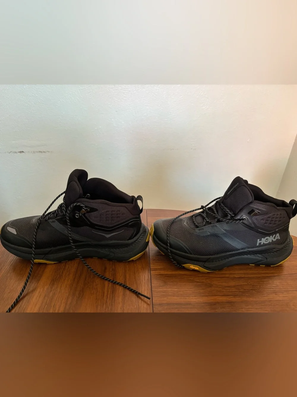 Hoka One One Men's Transport Black GTX Boots with Yellow Outsole Accents